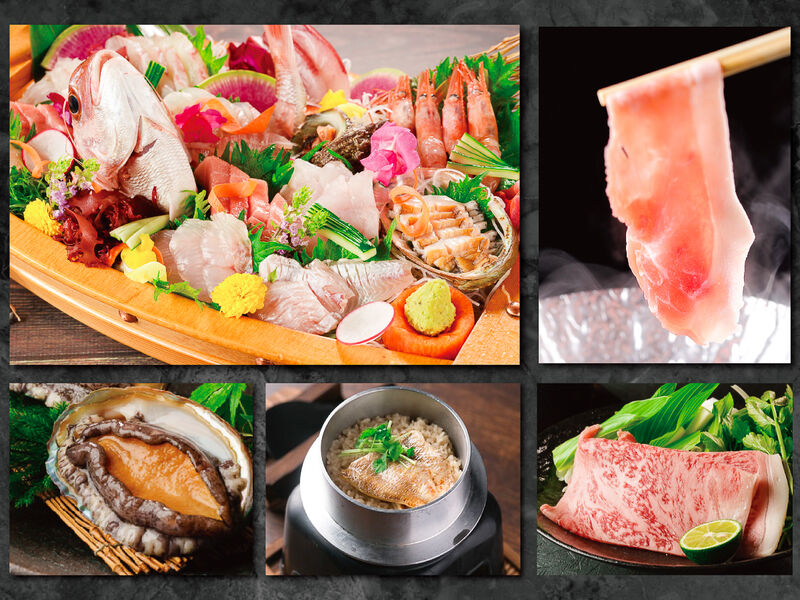 豪華舟盛り付！四季の新潟満喫！村上牛もち豚のしゃぶすき食べ比べ＆のど黒釜飯、鮑の踊り焼き